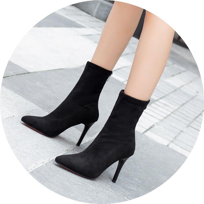 靴 レディース ハイヒール ショートブーツ 風 裸足風 ヌーディー スタイル 伸縮性 ストレッチ スエード調 美脚 中筒 ポインテッドトゥ