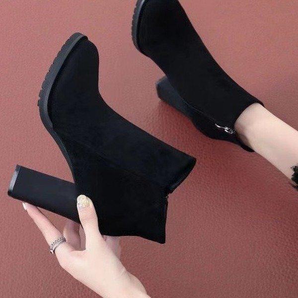 ショートブーツ レディース 秋冬 黒色 丸頭 太ヒール 韓国風 美脚効果 ストレッチ 普段使い お出かけ