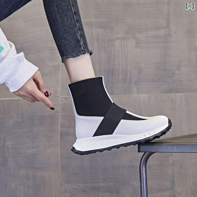 ショートブーツ レディース 春秋 厚底 運動靴 柔らかい レザー 普段使い カジュアル スタイル 伸縮性 歩きやすい 黒 ブラック2 2