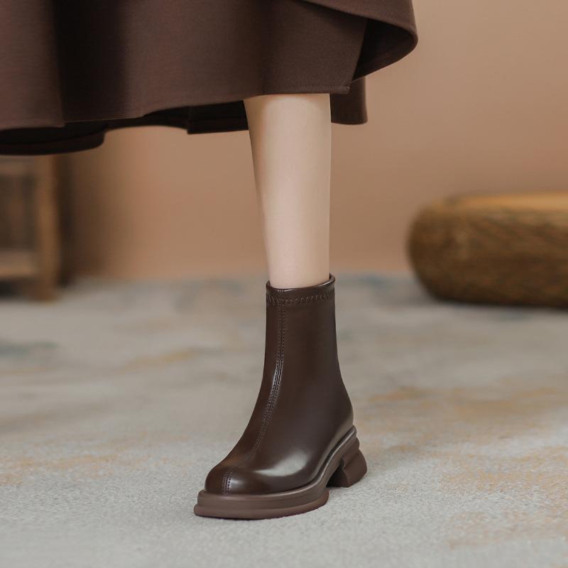 ブーツ レディース 秋冬 厚底 ショートブーツ スタイルアップ 伸縮性 歩きやすい 普段使い ブラウン系