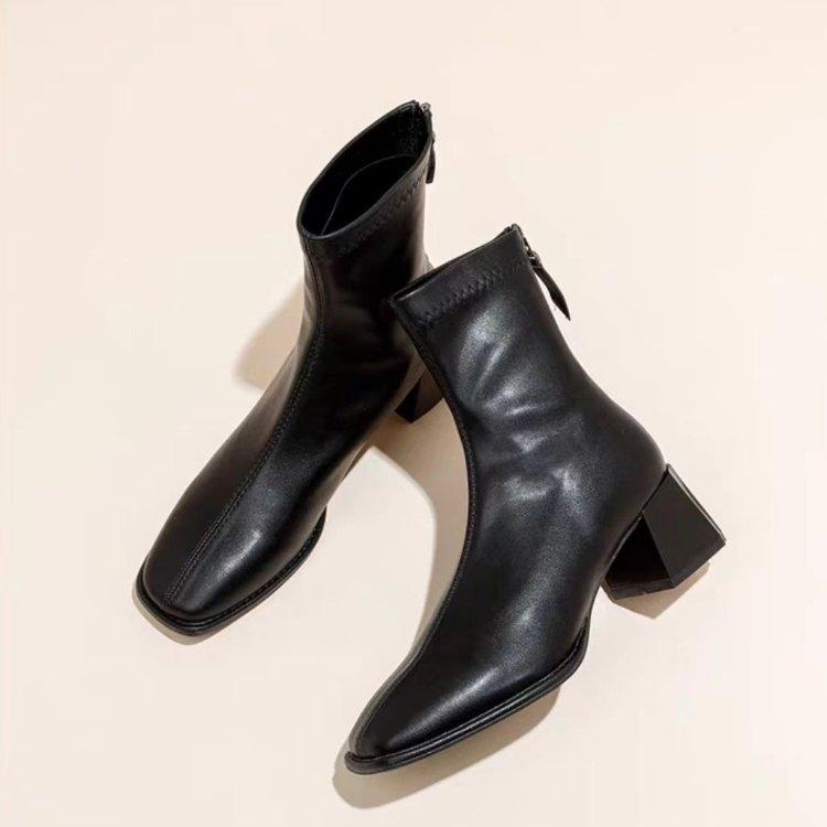ブーツ レディース 秋冬 ショートブーツ 太ヒール スクエアトゥ 美脚 歩きやすい 韓国 ファッション 普段使い(4.0)