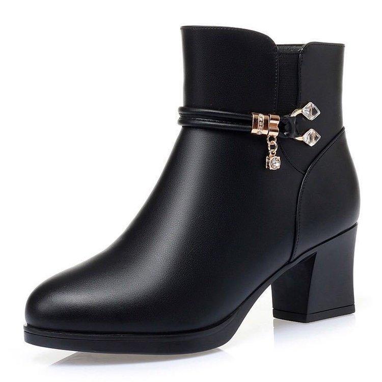 靴 レディース 冬用 裏起毛 ミドルエイジ 向け フラット ローヒール ブーツ 女性用 シューズ 滑り止め 防寒 保温 コットン 皮革(4.0)