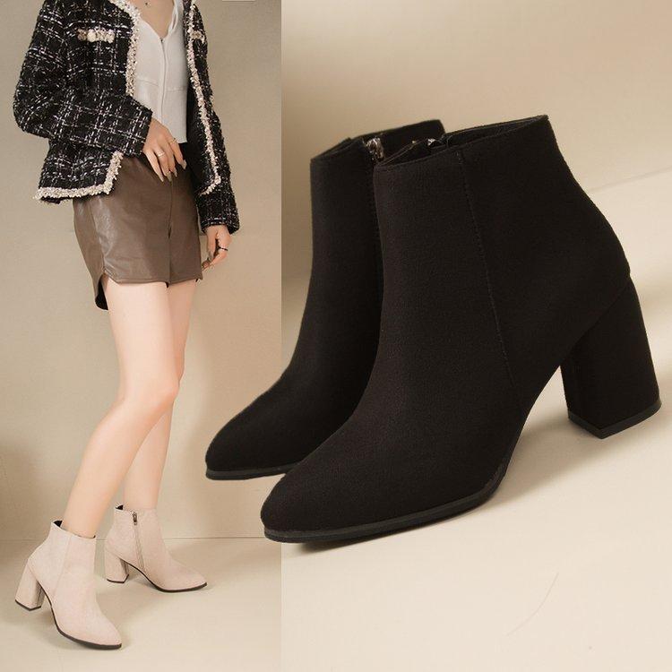 ブーツ レディース 秋冬 ショートブーツ スエード 太ヒール ハイヒール チャンキーヒール ポインテッド..