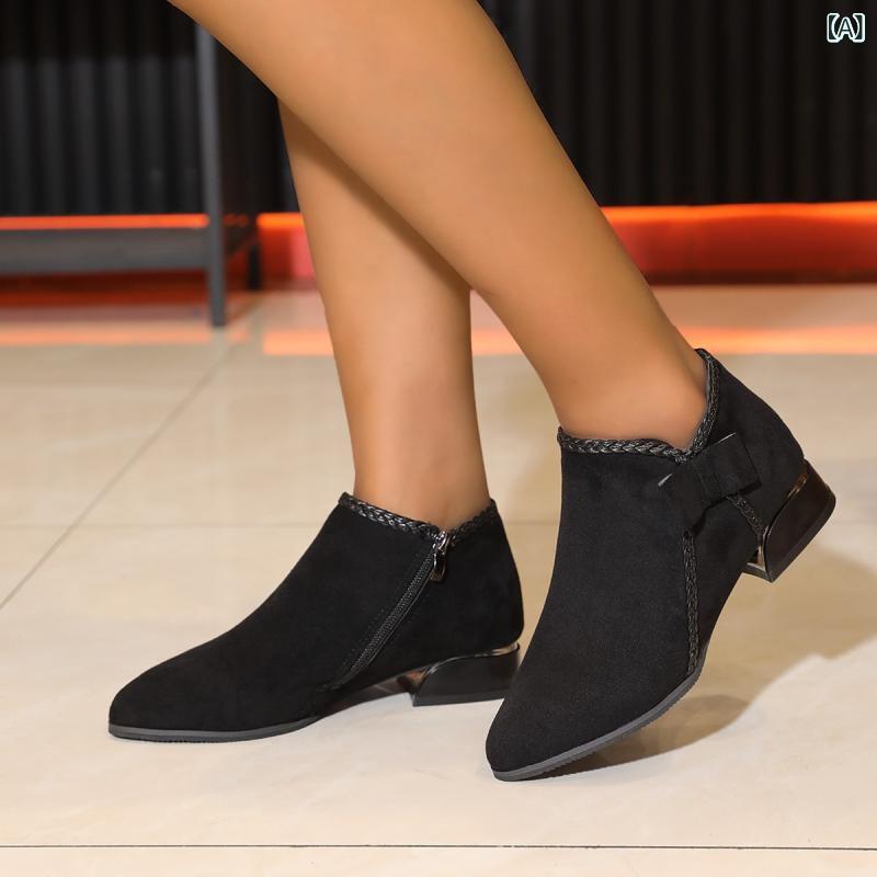 ブーツ レディース ショートブーツ 秋冬 蝶結び ポインテッドトゥ サイドジップ 太ヒール ローヒール 婦人靴 ブーティ 大きいサイズ