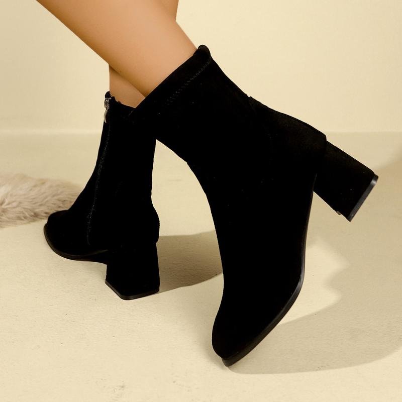 靴 レディース 春秋冬 ストレッチ ショートブーツ 太ヒール ポインテッドトゥ ハイヒール カジュアル 普段使い お出かけ