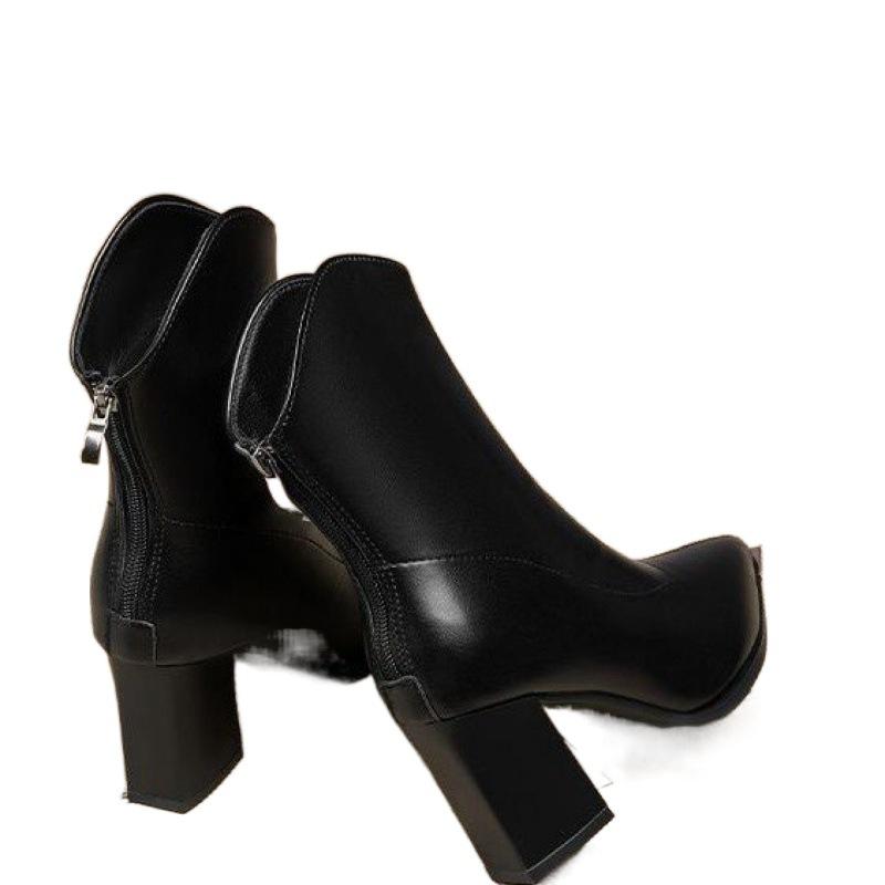 ブーツ レディース 秋冬 ショートブーツ ハイヒール メタルトゥ 太ヒール ポインテッドトゥ 履きやすい..