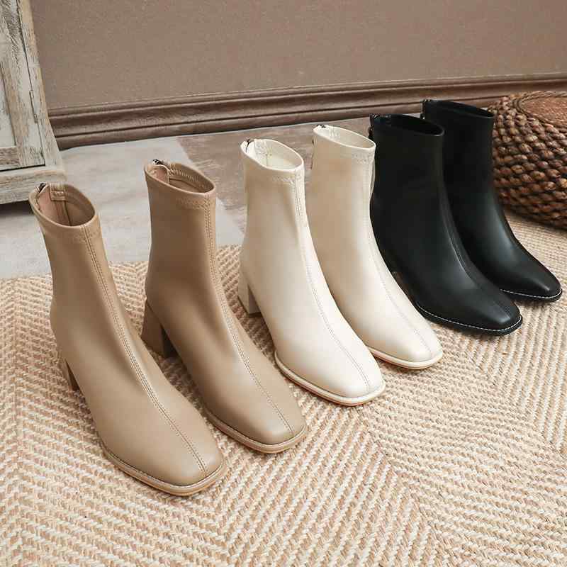 Shoes - 短靴 レディース 秋冬 ミドルヒール ブーツ 本革 白色 チャンキーヒール 履きやすい 疲れない 歩きやすい ストレッチ チェルシーブーツ