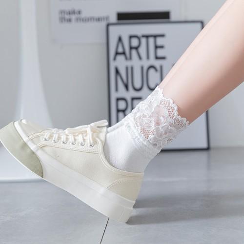 靴下 レディース 白 中筒 ソックス レース フリル コットン 混紡 秋冬 暖かい
