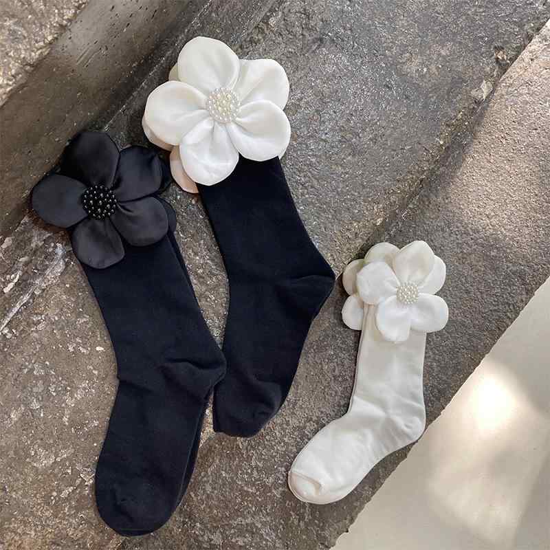 靴下 レディース 中筒 ソックス 黒 白 純綿 リベット パール 花柄 かわいい 美脚 伸縮性 ショートブー..