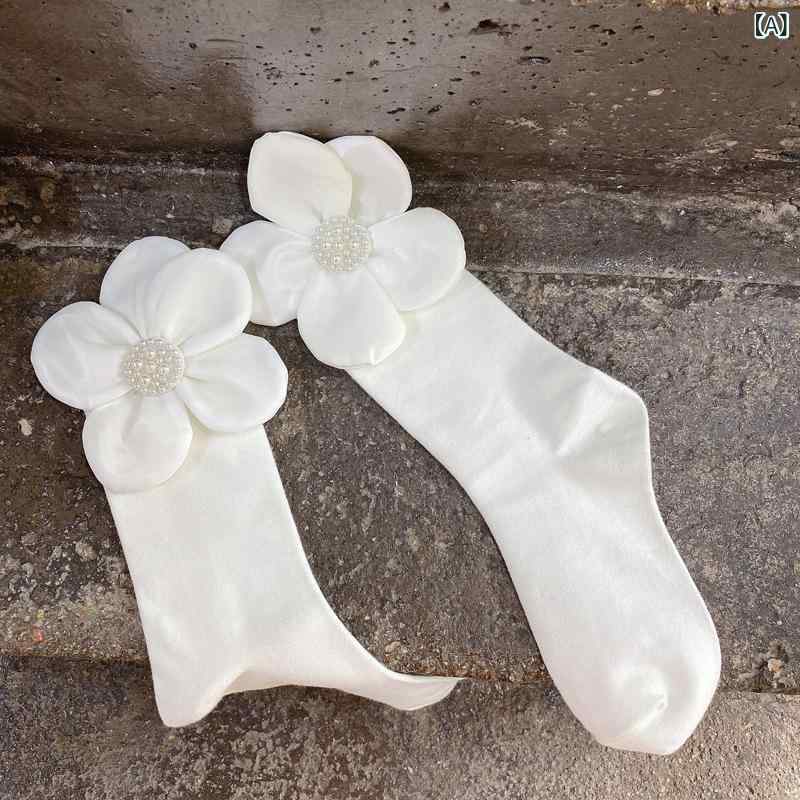 靴下 レディース 中筒 ソックス 黒 白 純綿 リベット パール 花柄 かわいい 美脚 ...