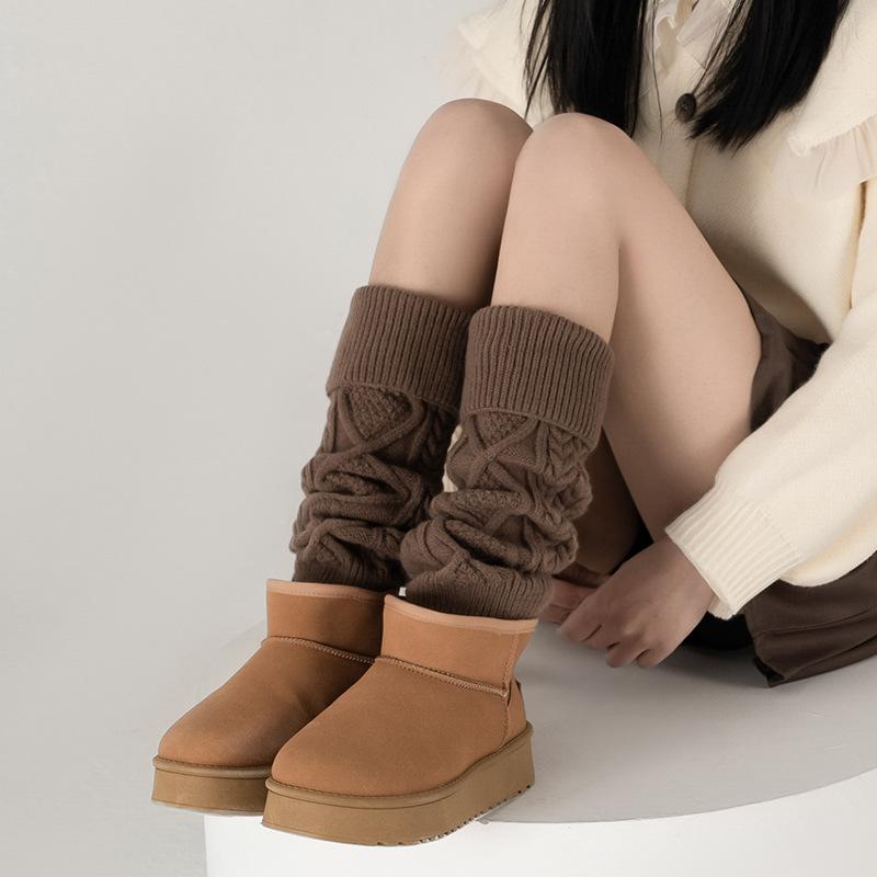靴下 レディース 秋冬 堆堆袜 レッグウォーマー 配色 コーヒー色 ウール ソックス Y2K かわいい 小さい..