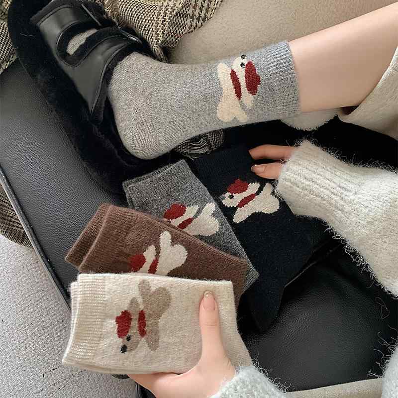 靴下 レディース 厚手 裏起毛 あったか ミドル丈ソックス かわいい 犬柄 ウール混 滑り止め スノーブーツ