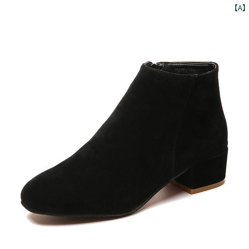 ブーツ レディース ショートブーツ 太ヒール スエード調 無地 チャンキーヒール ミドルヒール レトロ エレガント かわいい 歩きやすい