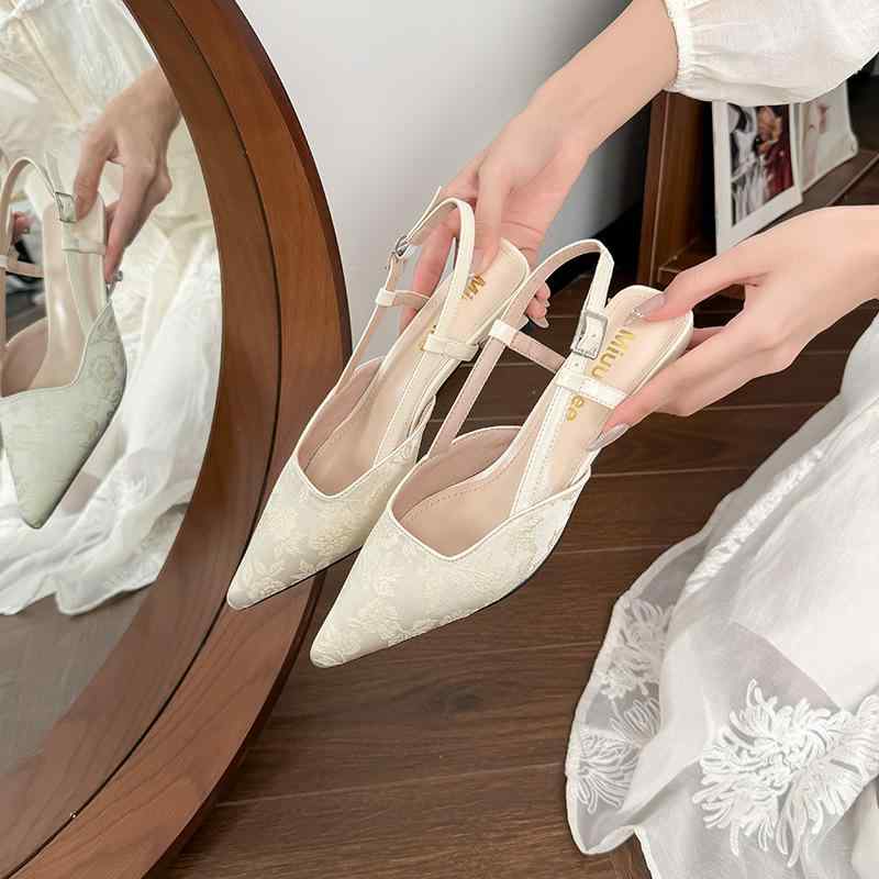 サンダル レディース 猫柄刺繍 ミュール ポインテッドトゥ ピンヒール スリングバック サンダル 夏 春..