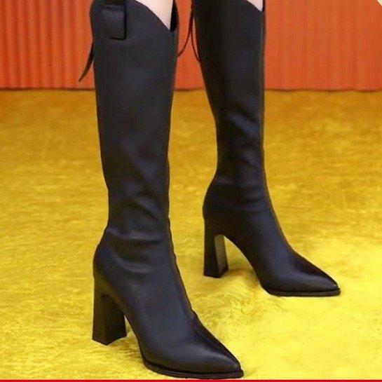 ブーツ レディース 大きいサイズ ハイヒール 太ヒール バックジップ 美脚 高筒丈 膝下 秋冬 フェミニン..