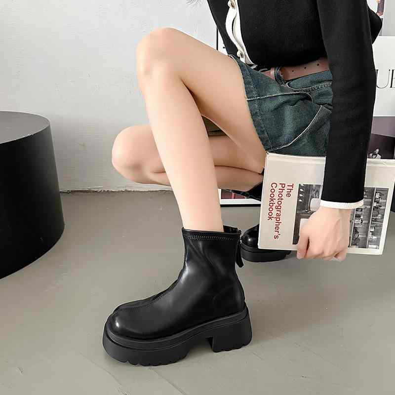 ブーツ レディース 秋冬 厚底 ラウンドトゥ 太ヒール レースアップ ショートブーツ カジュアル 普段使い ジップアップ 英国風