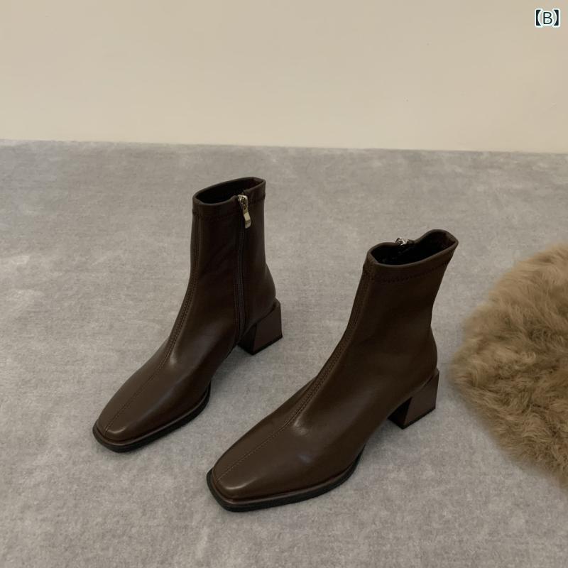ブーツ レディース ショートブーツ 秋冬 ブラウン マ[ーチンブーツ ス[トレッチ スクエアトゥ チャンキーヒール 歩きやすい カジュアル 3
