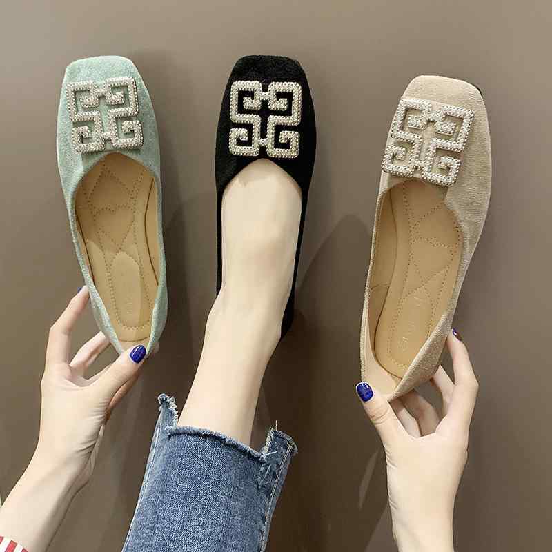 パンプス レディース フラットシューズ 水晶飾り スクエアトゥ ローヒール 歩きやすい 履きやすい スリッポン 婦人靴 かわいい おしゃれ