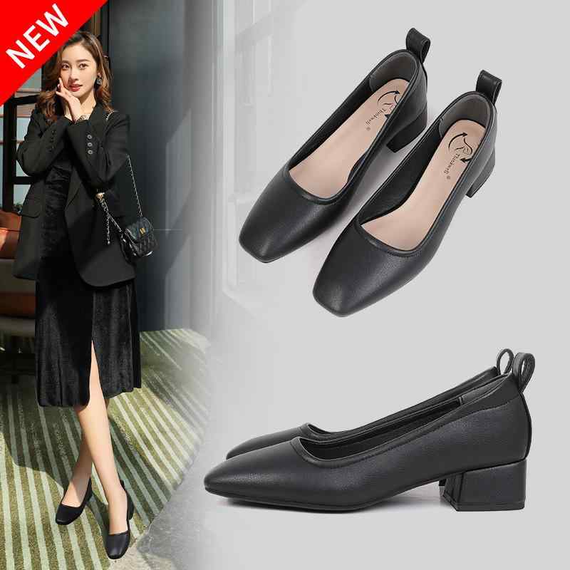 靴 レディース 黒 ワークシューズ ローヒール 太めヒール チャンキーヒール オフィス パンプス スクエアトゥ2