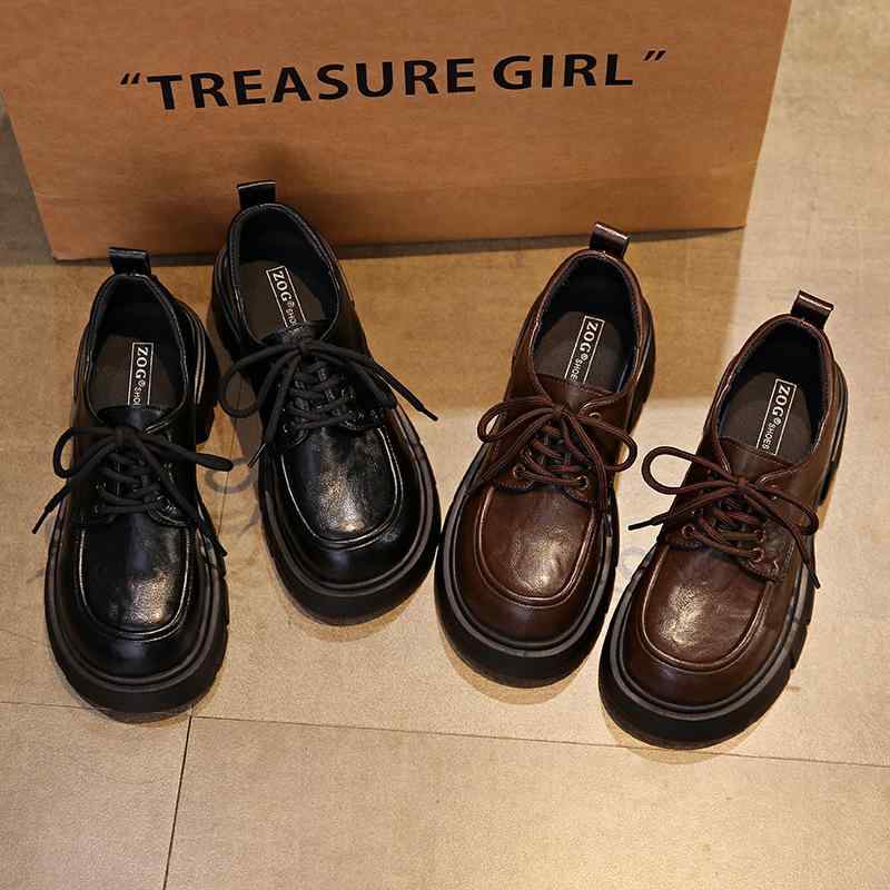 ローファー レディース 秋冬 厚底 レースアップ ブラック カジュアル スタイルアップ 英国風 シューズ 靴