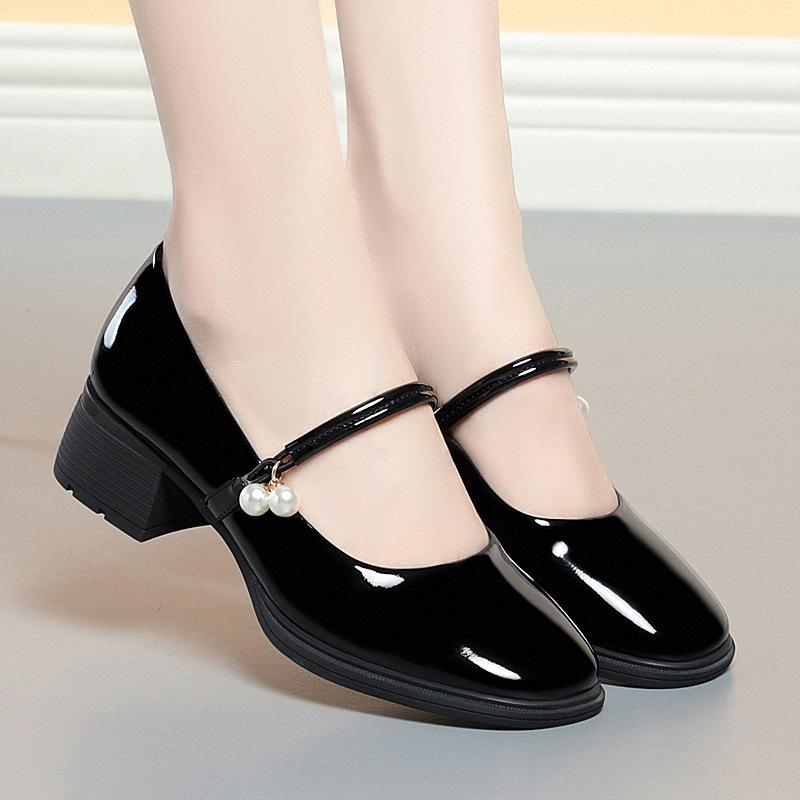 パンプス レディース 秋冬 魚口 メリージェーン シューズ ファッション パール飾り付き ストラップ レザー かわいい 美脚効果 スカートコーデ 普段使い