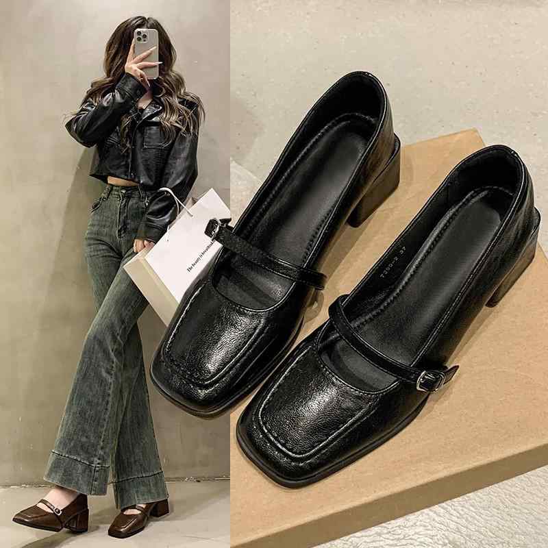 2靴 レディース マリー ジェーン シューズ 春秋 黒色 太めヒール ローヒール 普段使い かわいい 歩きやすい フェミニン