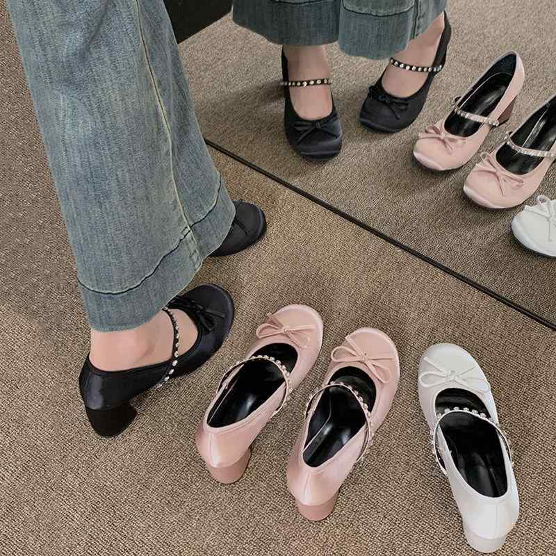 パンプス レディース マリージェーン ヨーロッパ風 蝶結び ジルコニア 春秋 デート 日常 かわいい