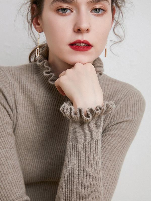 ニット レディース 秋冬 ハーフネック 長袖 プルオーバー トップス 無地 インナー スリム 伸縮性 ストレッチ 暖か あったか 葉っぱ柄 フリル かわいい