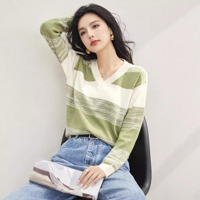 ニット レディース 秋冬 韓国風 草木染め風 ストライプ セーター ゆったり 体型カバー Vネック トップス フェミニン かわいい