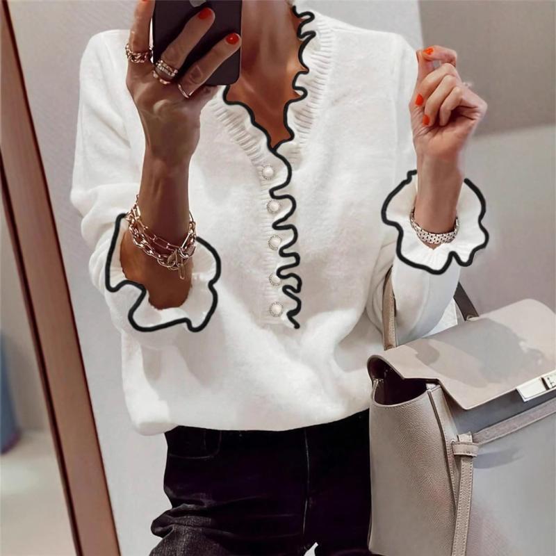 ニット レディース 秋冬 ファッション 配色 フリル パール ボタン 長袖 Vネック プルオーバー トップス かわいい 普段使い