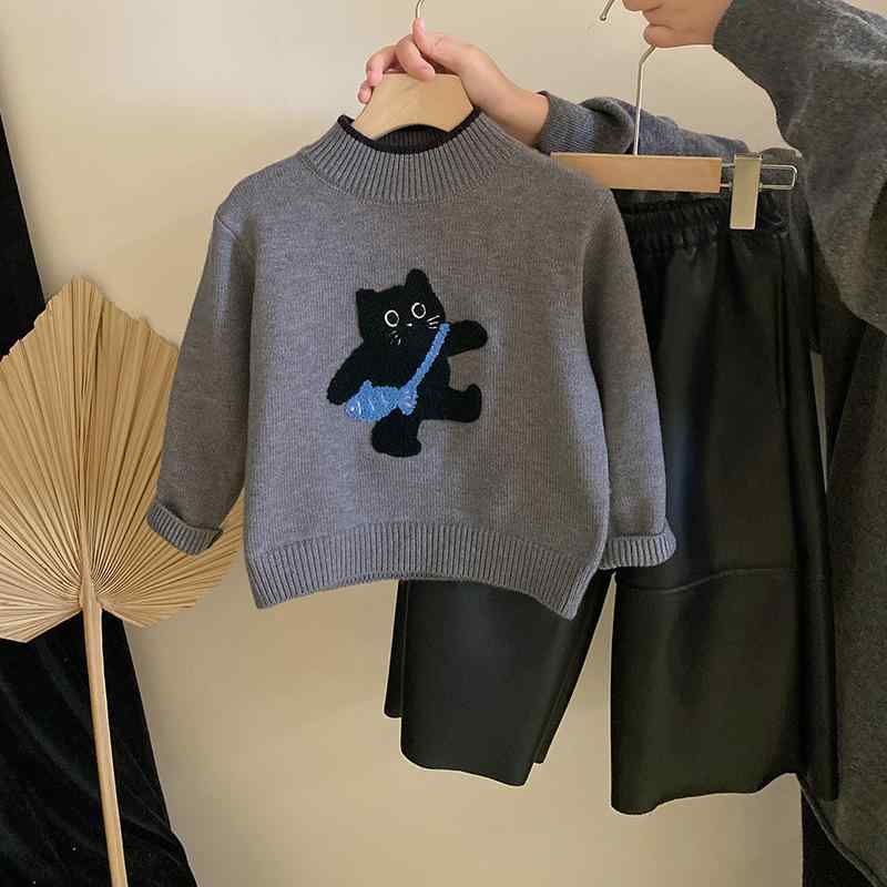 ニット キッズ 秋冬 かわいい 猫柄 トップス 裏起毛 レザーパンツ ファッション セットアップ あったか