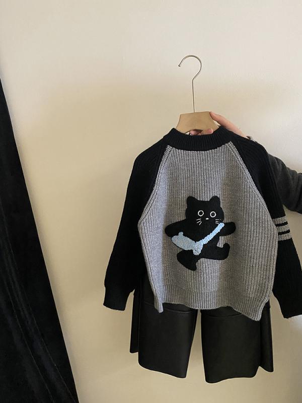 Top & Bottom Sets - ニット キッズ 女の子 秋冬 セットアップ 配色 かわいい 猫柄 セーター 裏起毛 あったか レザーパンツ