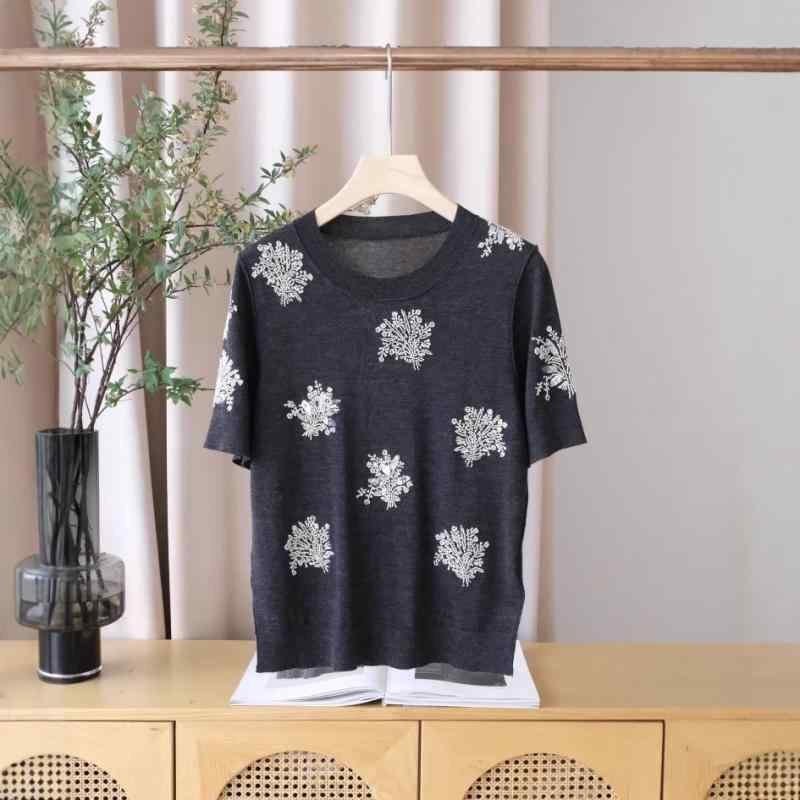 ニット レディース 半袖 羊毛 トップス ウォッシャブル クルーネック 手編み ビーズ ショート丈 ニットソー カットソー 上質 高品質2