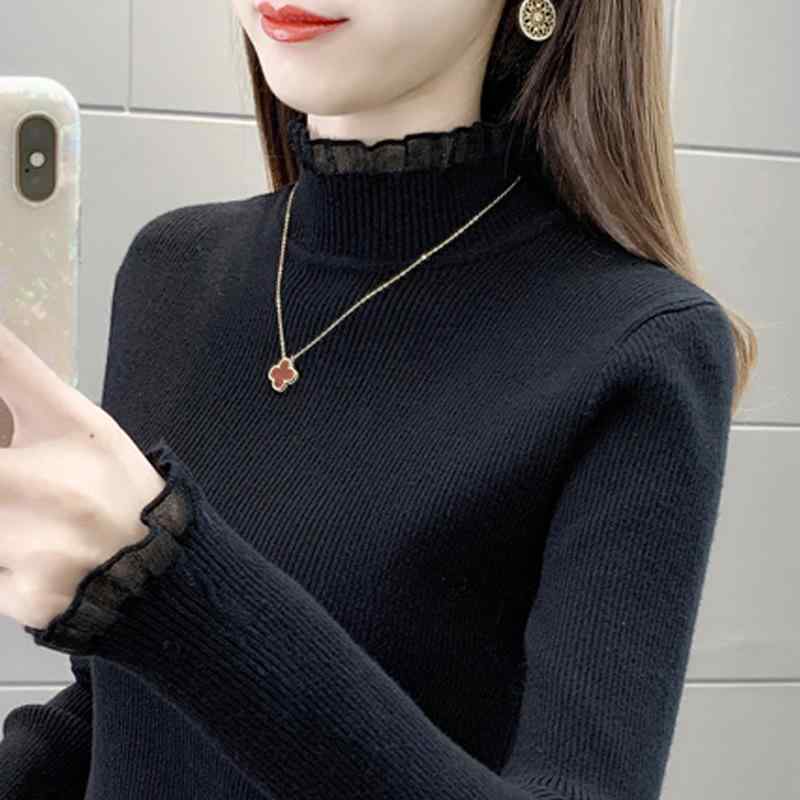 Three-Quarter Knit - ニット レディース 秋冬 レース トップス インナー ハーフネック セーター 黒 ブラック ニットソー ニットウェア カットソー 長袖 あったか 暖か 防寒