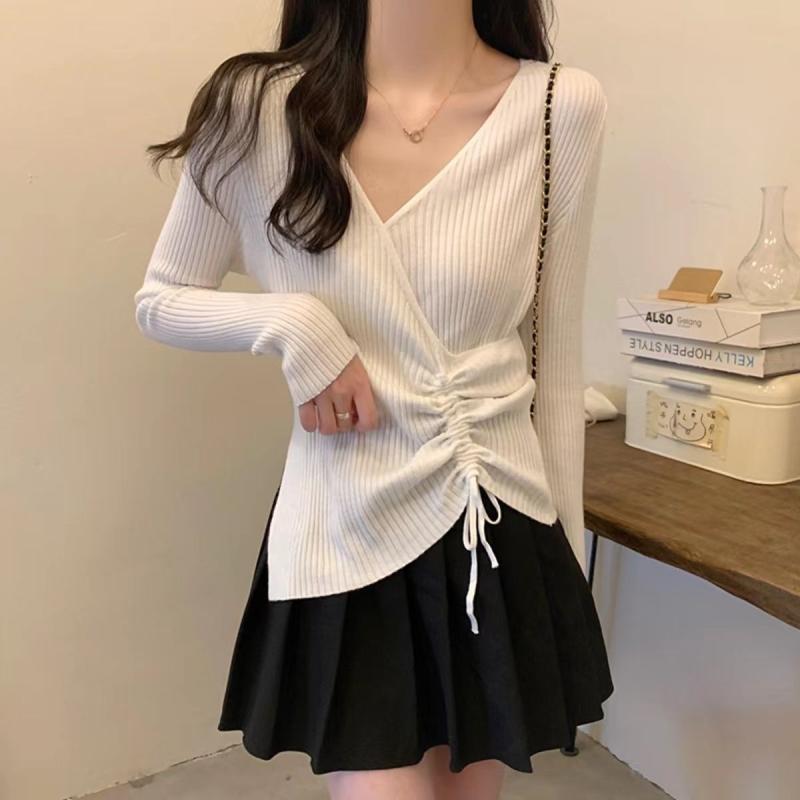 ニット レディース Vネック 長袖 トップス プルオーバー インナー スリム ニットソー デザイン 抽绳 ストレッチ 秋冬2