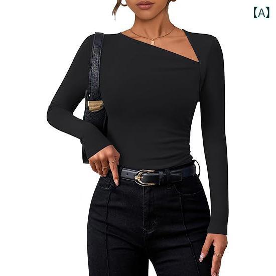 トップス レディース 長袖 インナー ミルクシルク 再生繊維 斜めネック カットソー タイト スリム Tシャツ 接触冷感 伸縮性 ストレッチ 普段使い きれいめ かわいい sofapotato-10365595 ソファポテト サンプル画像2