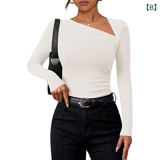 トップス レディース 長袖 インナー ミルクシルク 再生繊維 斜めネック カットソー タイト スリム Tシャツ 接触冷感 伸縮性 ストレッチ 普段使い きれいめ かわいい sofapotato-10365595 ソファポテト サンプル画像3