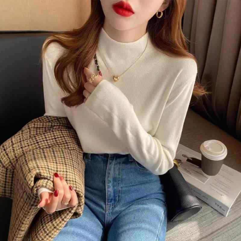 ニット レディース 秋冬 トップス ハーフネック プルオーバー スリム 無地 シンプル ベーシック インナー セーター カットソー 伸縮性 ストレッチ あったか 暖か