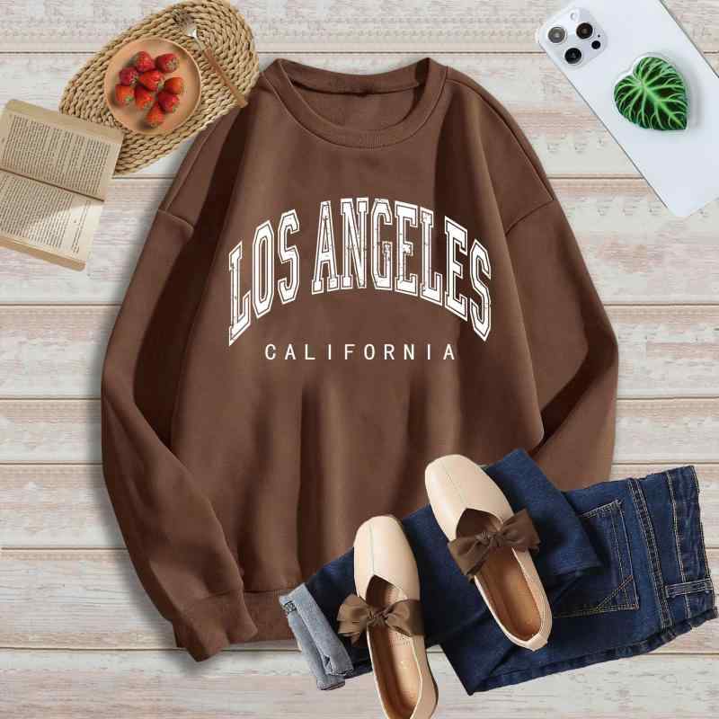 Tシャツ レディース 裏起毛 ドロップショルダー LOS ANGELES プリント トレーナー 長袖 トップス 普段使い 部屋着 かわいい カジュアルスタイル(4.0)