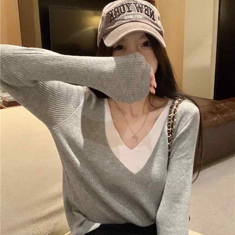 ニット レディース 秋冬 高級感 グレー Vネック 長袖 プルオーバー トップス レイヤード風 セーター 早秋(4.0)