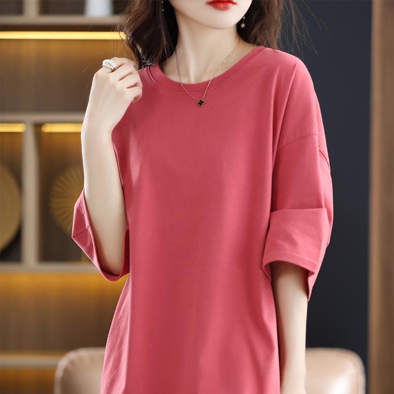 Tシャツ レディース 春夏 ゆったり 中 длинный丈 無地 丸首 半袖 細見え 着回し большойサイズ женский トップス