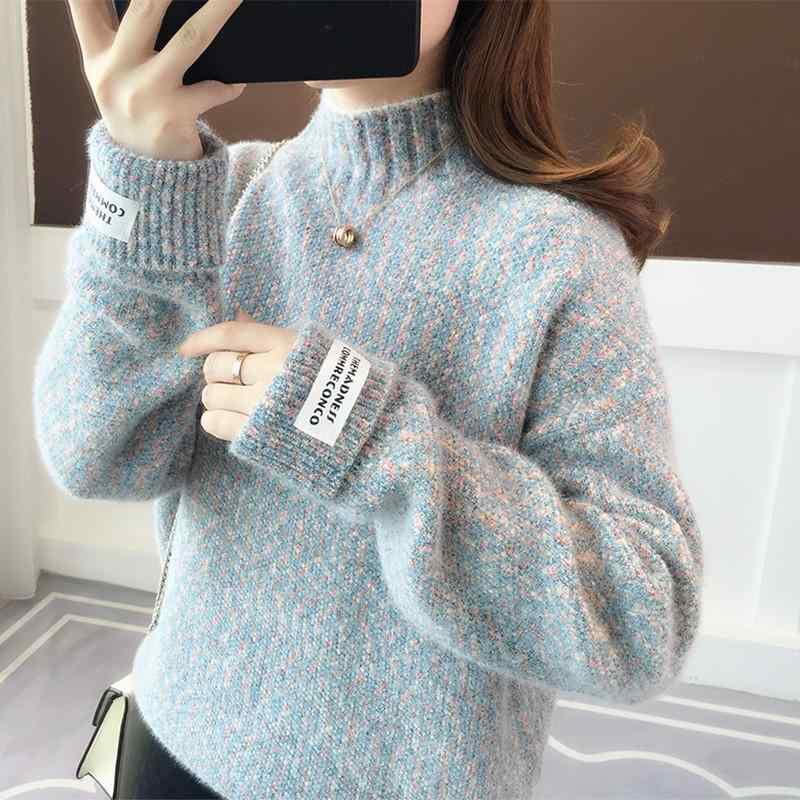 ニット レディース 秋冬 韓国風 ハーフネック 重ね袖 ゆったり 厚手 パッチワーク風 ケーブル編み あったか かわいい 普段使い デート