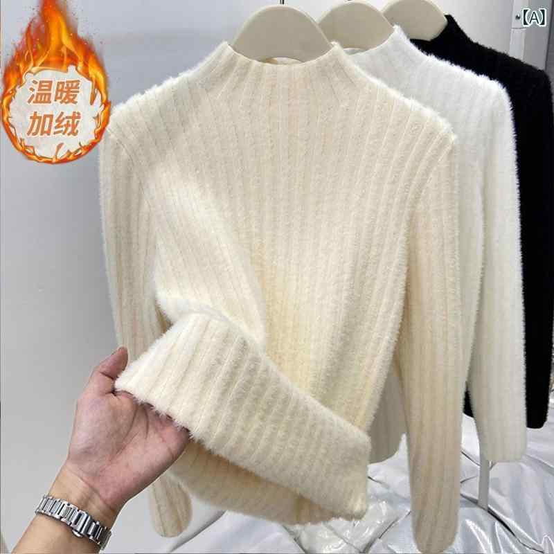 ニット レディース 秋冬 加绒 加厚 トップス ハーフネック プルオーバー 柔らかい 暖かい インナー セーター フェミニン かわいい 上品 きれいめ オシャレ デート