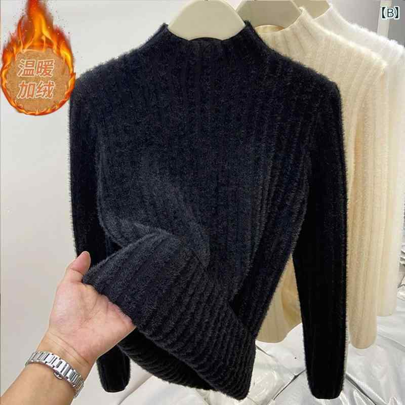 ニット レディース 秋冬 加绒 加厚 トップス ハーフネック プルオーバー 柔らかい 暖かい インナー セーター フェミニン かわいい 上品 きれいめ オシャレ デート