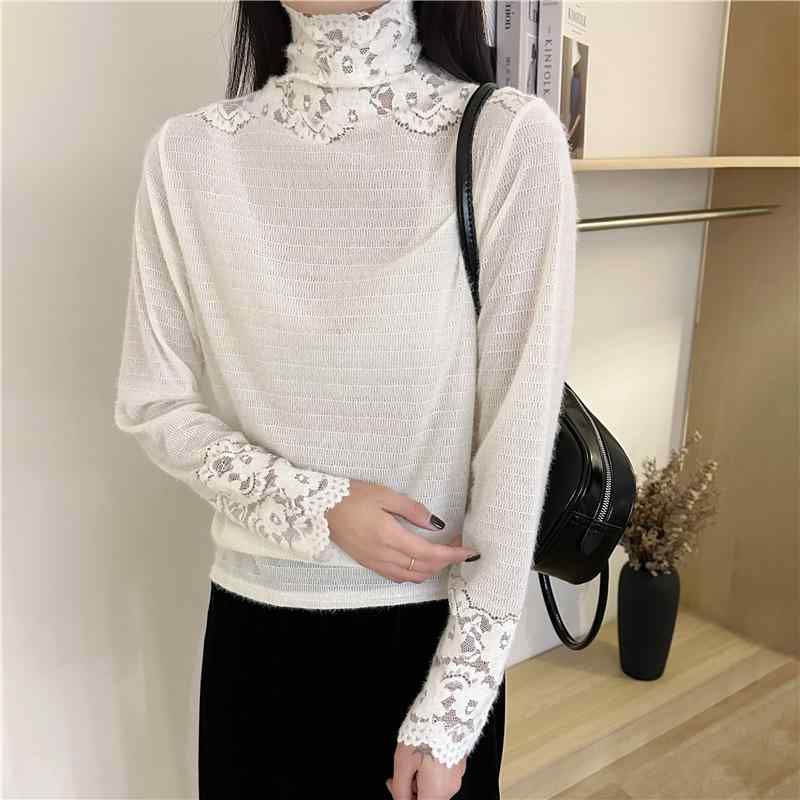 シャツ レディース 秋冬 高级感 レース トップス インナー নেটওয়ার্ক紗 カットソー エレガント フェミニン 高領 接触冷感 あったか