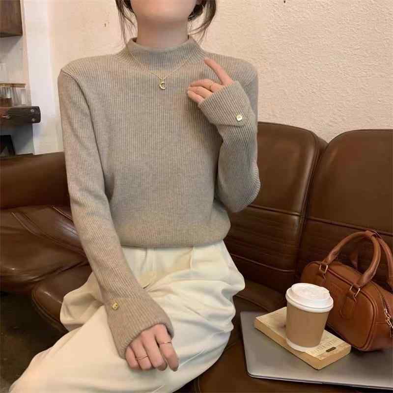乐天商城 - カットソー レディース トップス ハーフネック ニット セーター プルオーバー 伸縮性 ストレッチ スリムフィット インナー レイヤード 上品 きれいめ フェミニン エレガント 高見え カフェカラー 普段使い