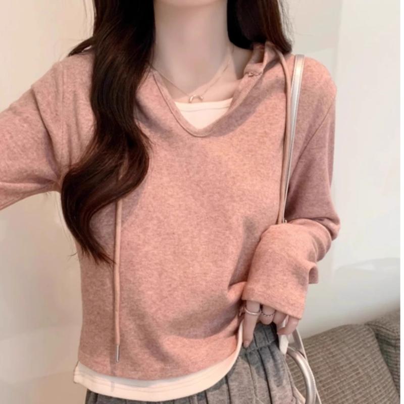 Tシャツ レディース 秋冬 新作 長袖 重ね着風 パーカー スリム 厚手 あったか インナー トップス カットソー おしゃれ かわいい
