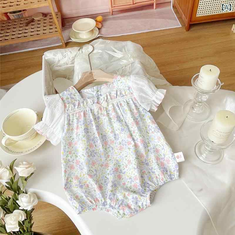 ベビー 女児 ロンパース 花柄 パフスリーブ ハーネス付き 連体服 子供服 かわいい 洋風・素材: 綿・袖丈: 半袖・対象年齢: 婴幼童(1~3歳，80~100cm)・性別: 女・主な素材: 綿95%・スタイル: プリンセス・款式: 短爬・カラー: 碎花・対応身長: 73cm, 80cm, 90cm・製品カテゴリ: ロンパース、カバーオール