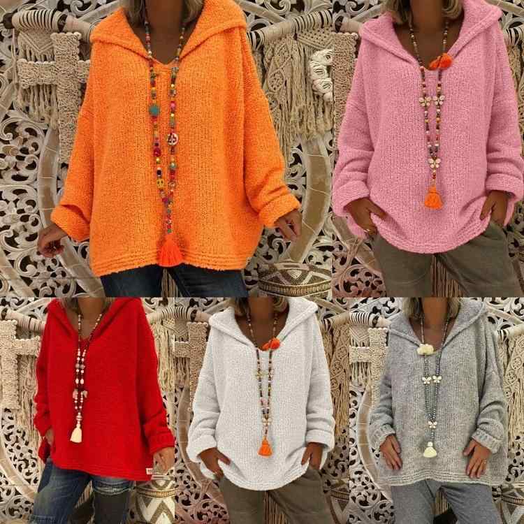 Long-Sleeved Knit - ニット レディース ニット帽付き プルオーバー トップス カットソー カジュアル ゆったり 伸縮性 普段使い