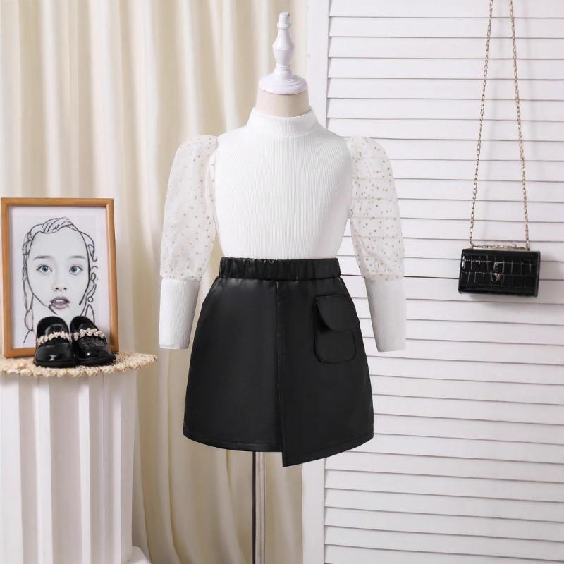 セットアップ ガールズ 子供服 長袖トップス PUレザー ミニスカート 無地 秋冬 普...
